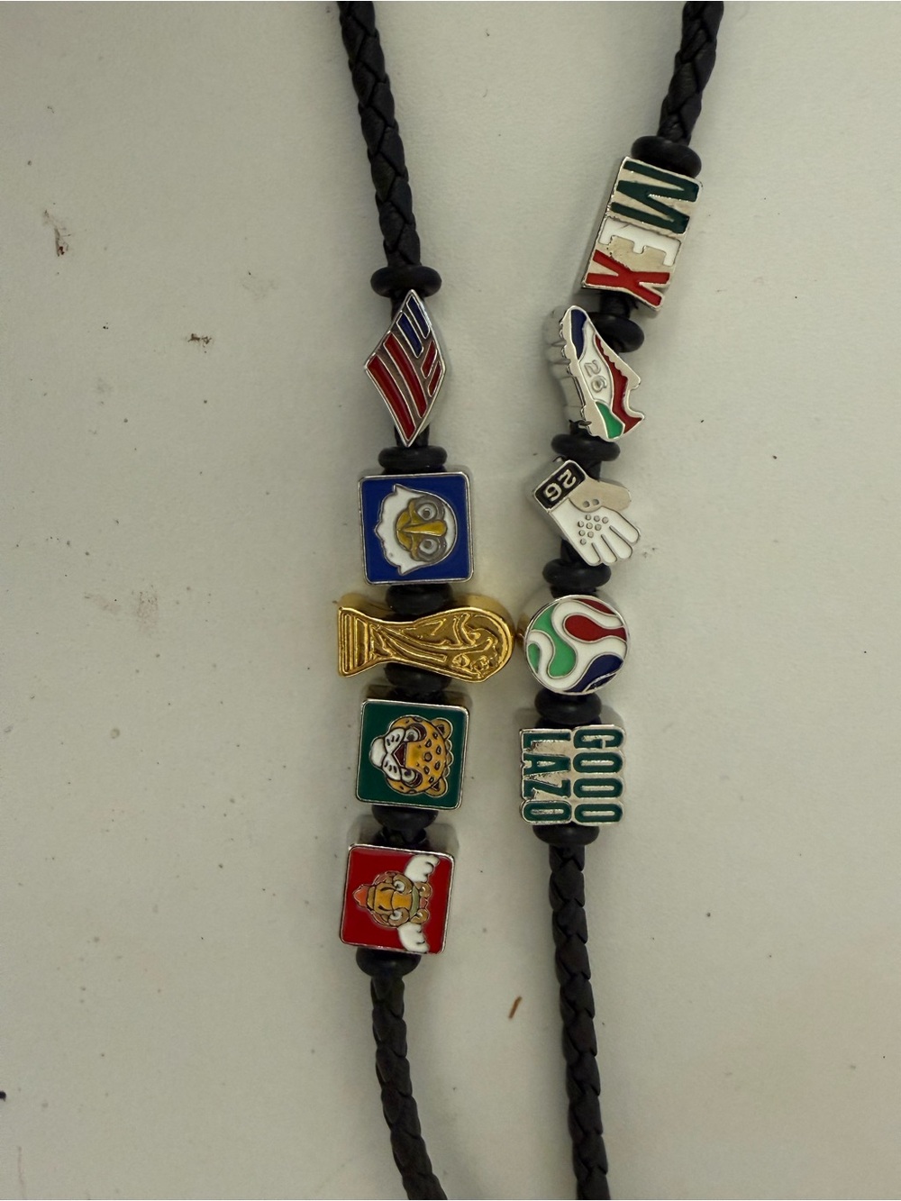 Black Braided Leather Soccer Charm Bracelet with Multicolor Enamel Beads